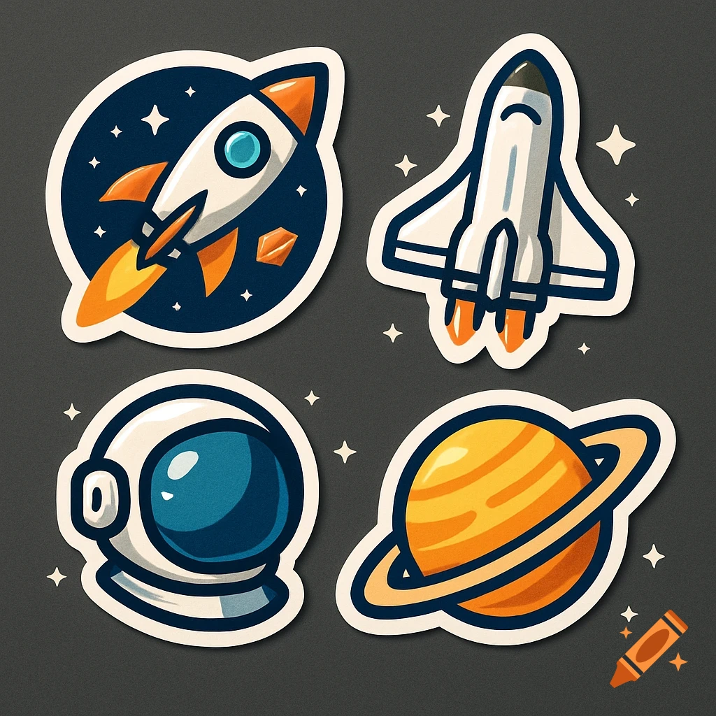 Four cartoon-style space stickers: a rocket, a space shuttle, an astronaut helmet, and a ringed planet.