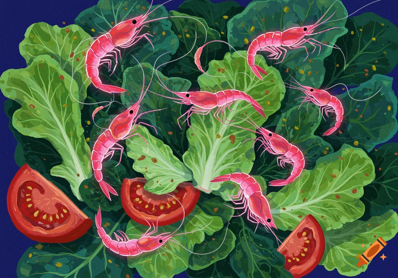 Pink shrimp scattered over green lettuce leaves and red tomato slices, illustration.
