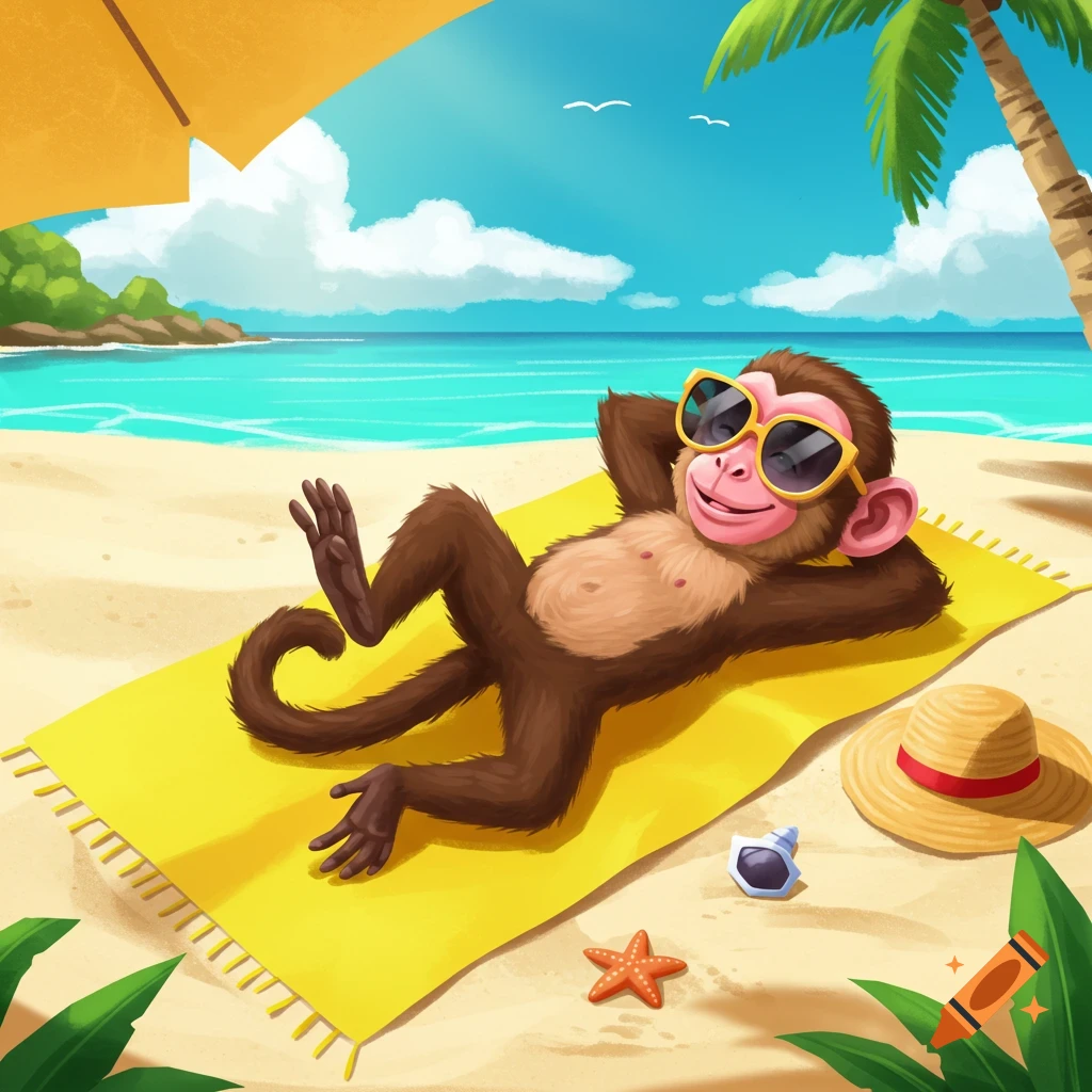 A cartoon monkey wearing sunglasses relaxes on a yellow towel on a beach.