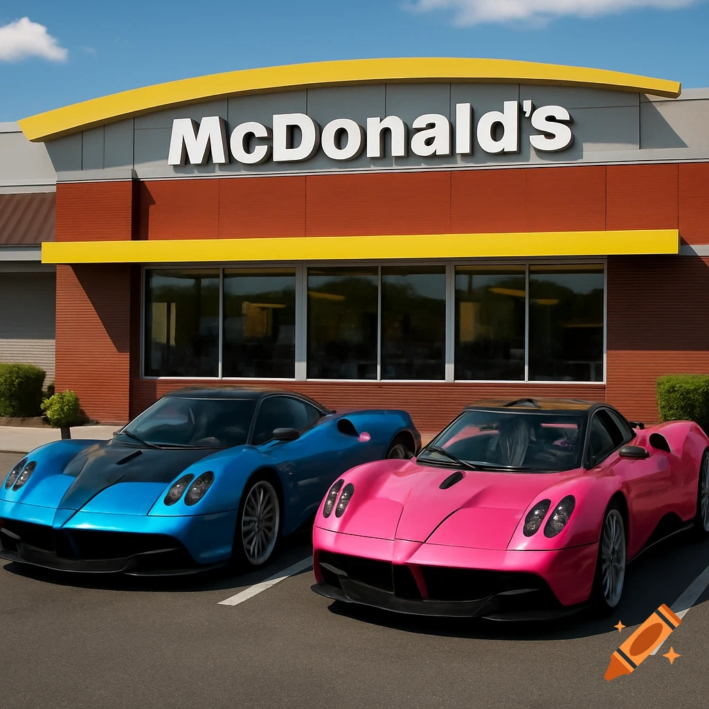 Two Pagani supercars, one blue and one pink, parked in front of a McDonald's restaurant.
