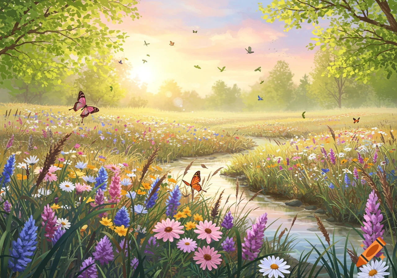 A vibrant meadow landscape illustration with a stream, colorful flowers, butterflies, birds, and bright sunlight.