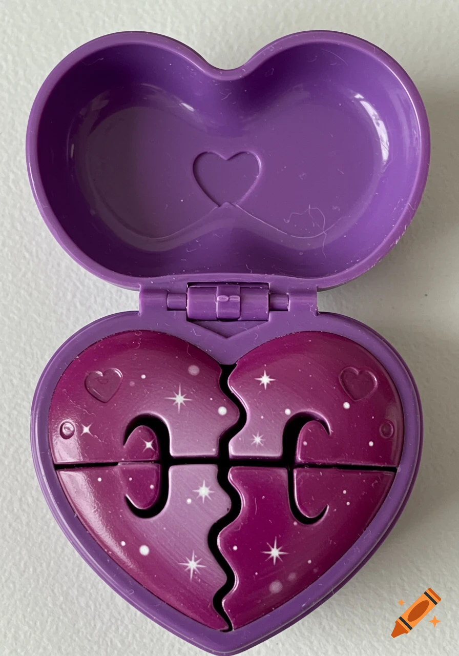 Close-up photo of a purple heart-shaped toy case with puzzle piece inserts