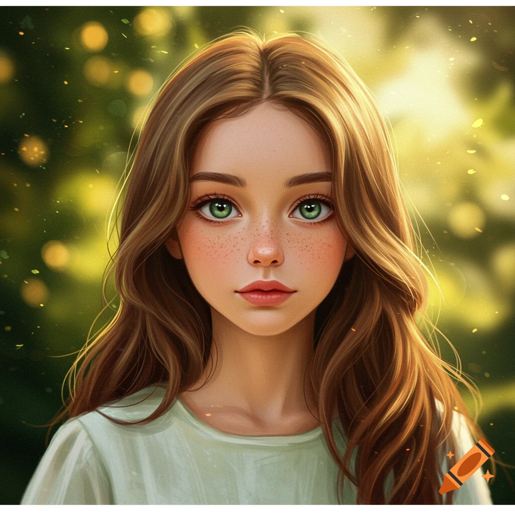 Stylized digital portrait of a young girl with green eyes, brown hair, and freckles.