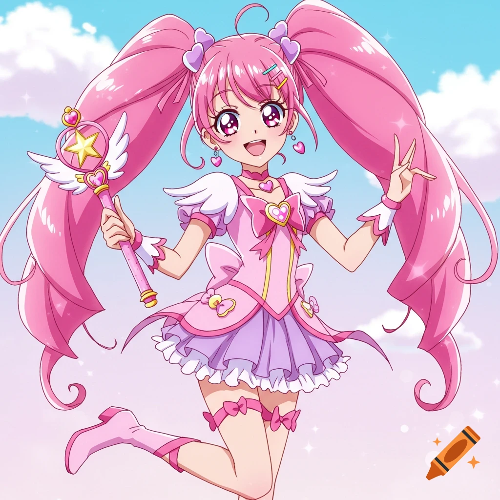 An anime magical girl with pink hair holding a wand.