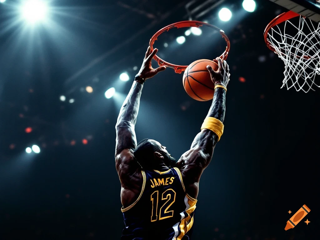 Rear view of a basketball player wearing 'JAMES 12' jersey dunking a ball during a game.
