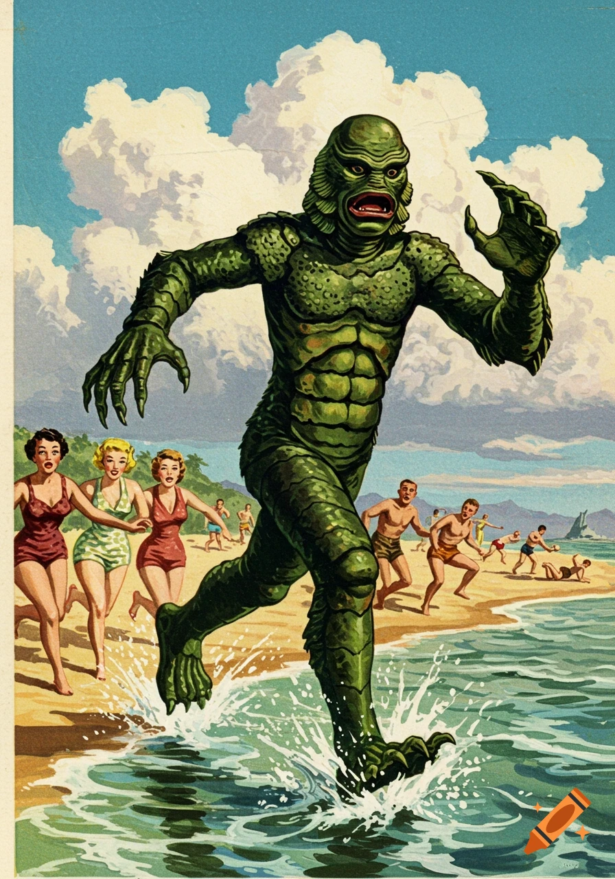 Pulp illustration of the Creature from the Black Lagoon chasing people on a beach.