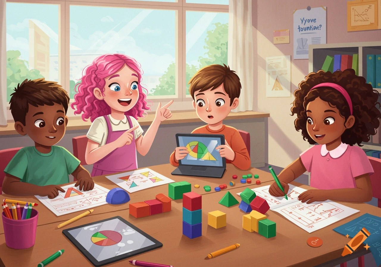 Four cartoon children doing a math activity at a table in a classroom