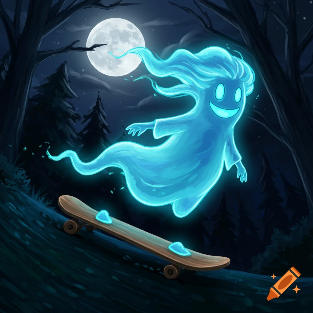 Blue ghost riding a skateboard through a forest at night with a full moon