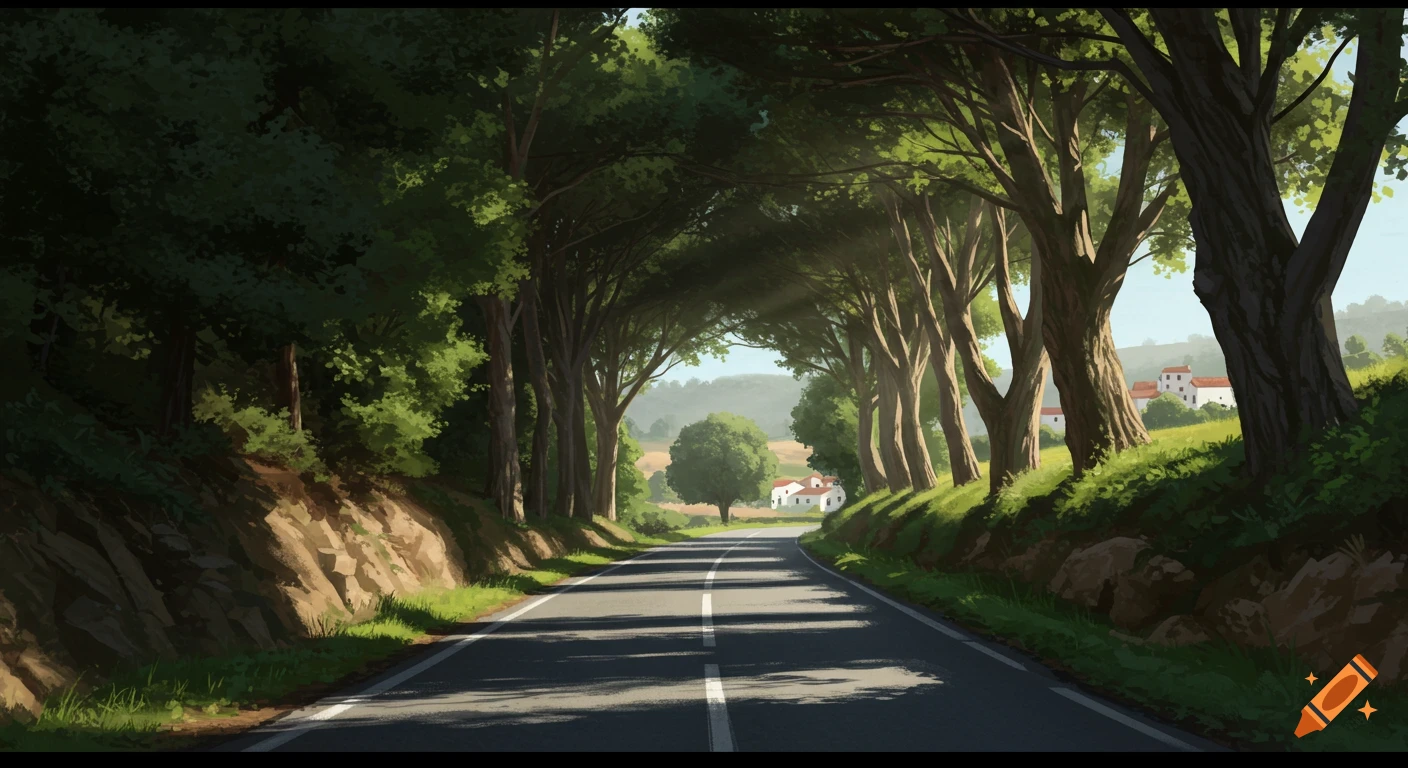 A road goes through a tunnel of trees, sunlight dappling the asphalt, with houses in the distance.