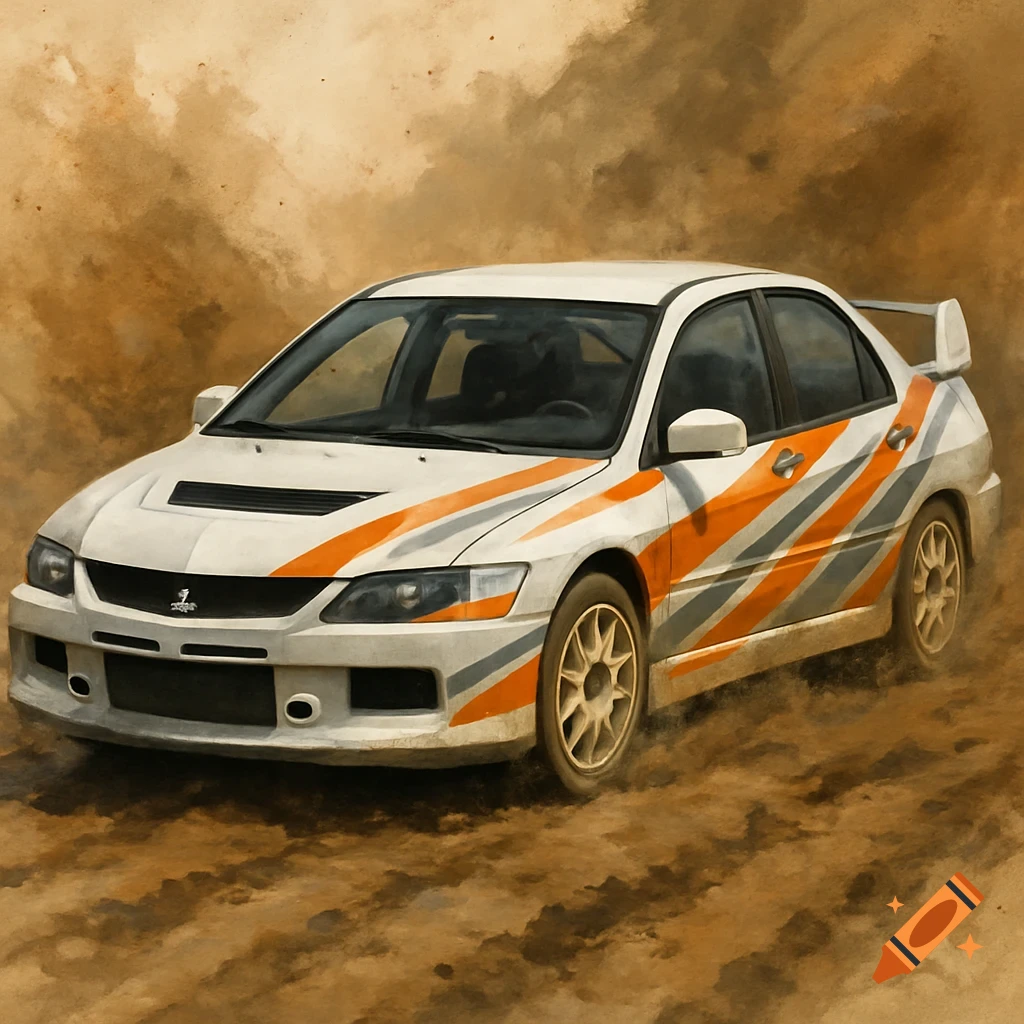 White rally car with orange and gray decals kicking up dirt on a muddy track.