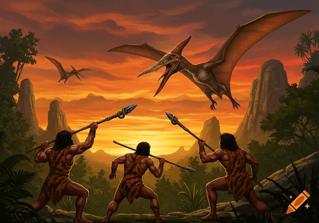 Cavemen hunt pterodactyls with spears in a prehistoric landscape at sunset illustration.
