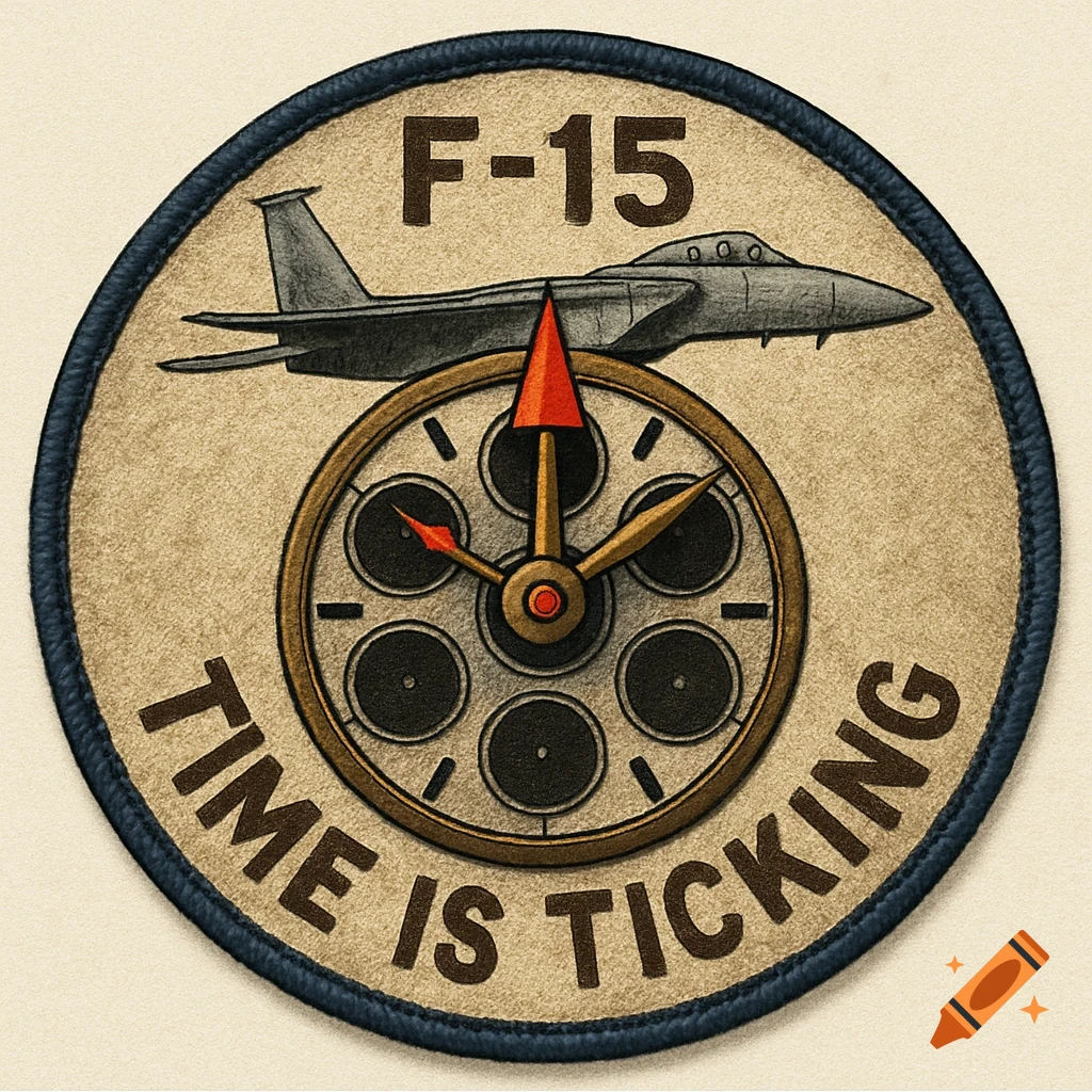 Round military patch with F-15 jet, revolver cylinder clock, and text 'F-15' and 'TIME IS TICKING'.
