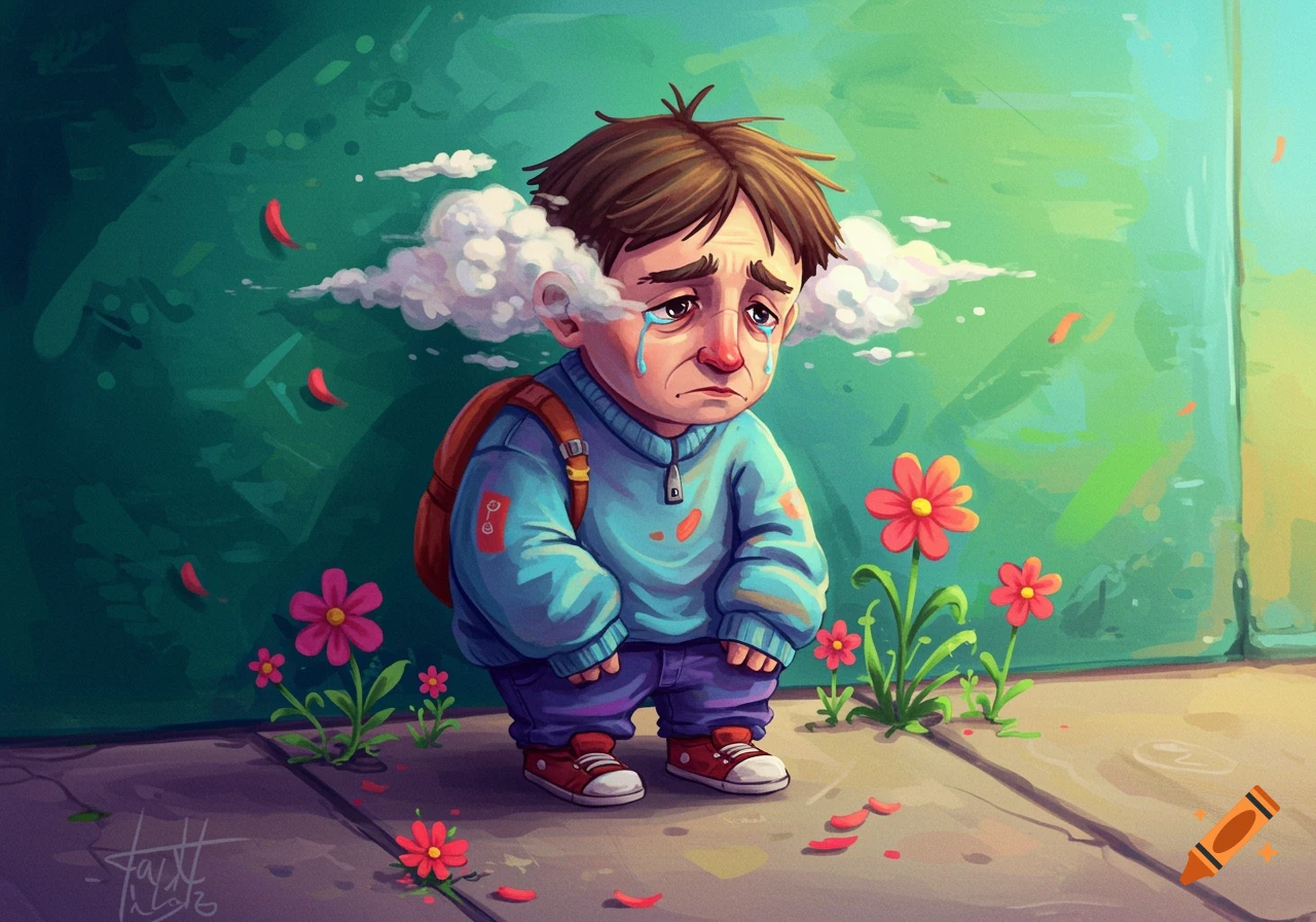 Cartoon illustration of a sad child crying with clouds for tears, standing outdoors with flowers.