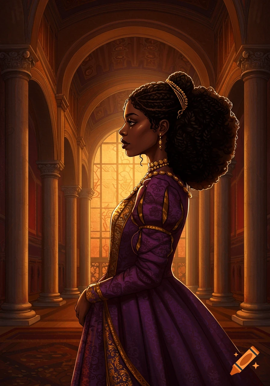 A Black woman in a purple Renaissance dress stands in a grand hall.