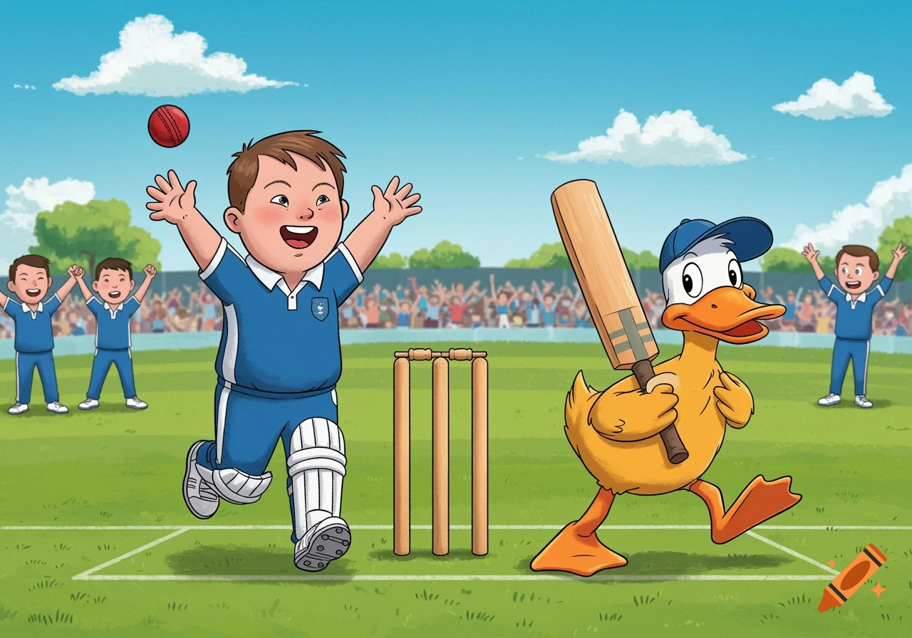 Cartoon illustration of a boy catching a ball in a cricket match as a duck walks away with a bat.