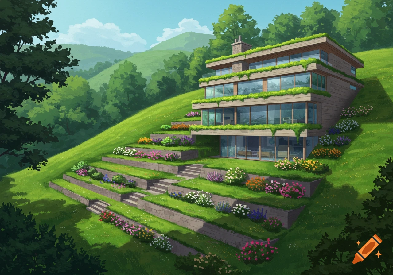 Modernist house built into a terraced hillside garden with a green roof, surrounded by landscape.
