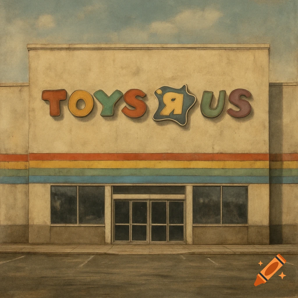 An illustration of an old Toys R Us store front with the logo and rainbow stripe.