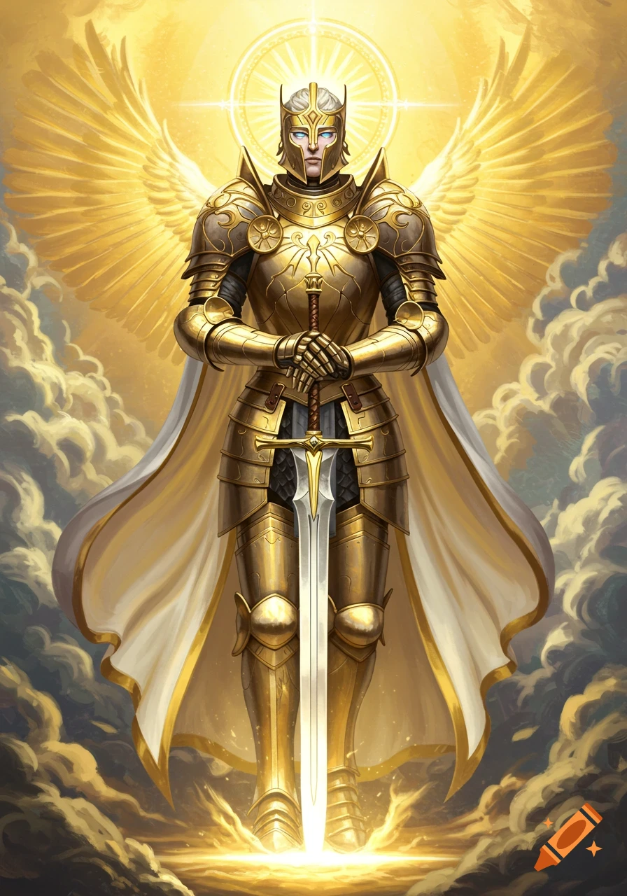 Golden armored paladin with glowing wings holding a sword in the sky