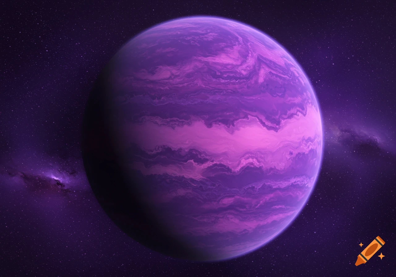 A purple planet with swirling pink bands in space.