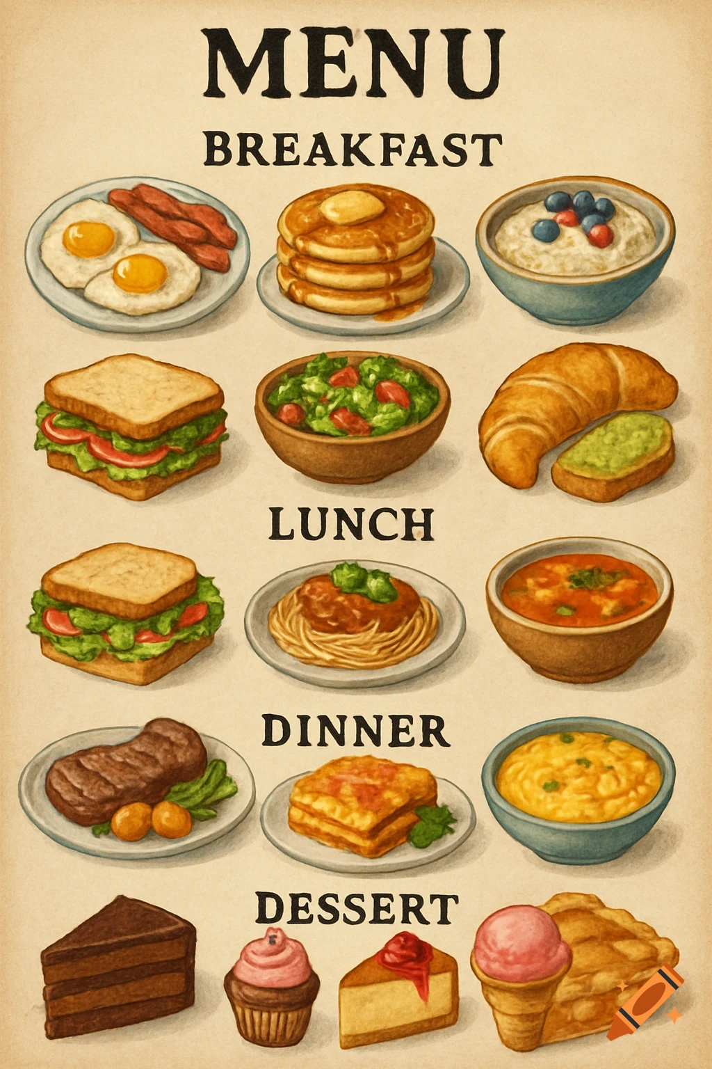Illustration of a menu showing breakfast, lunch, dinner, and dessert dishes.