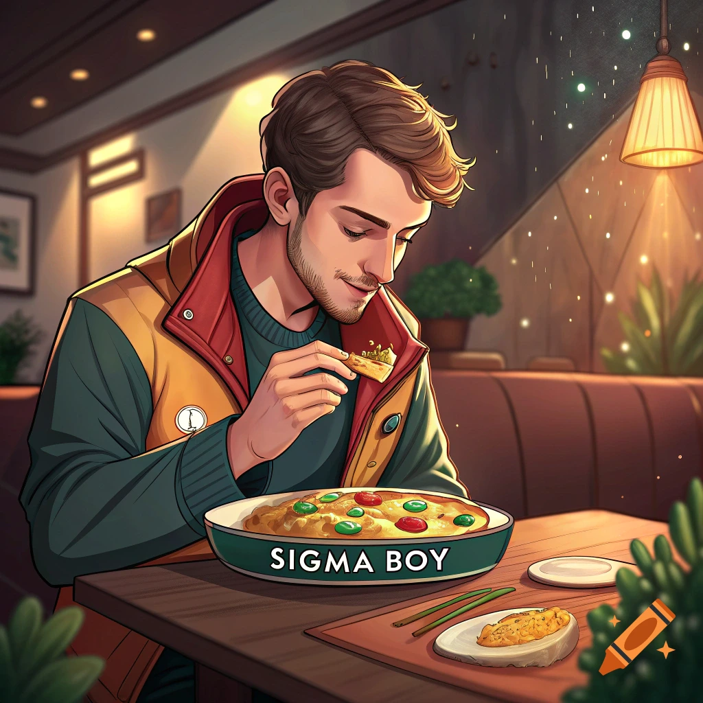 A cartoon-style illustration of a man eating from a bowl labeled 'SIGMA BOY' in a restaurant.