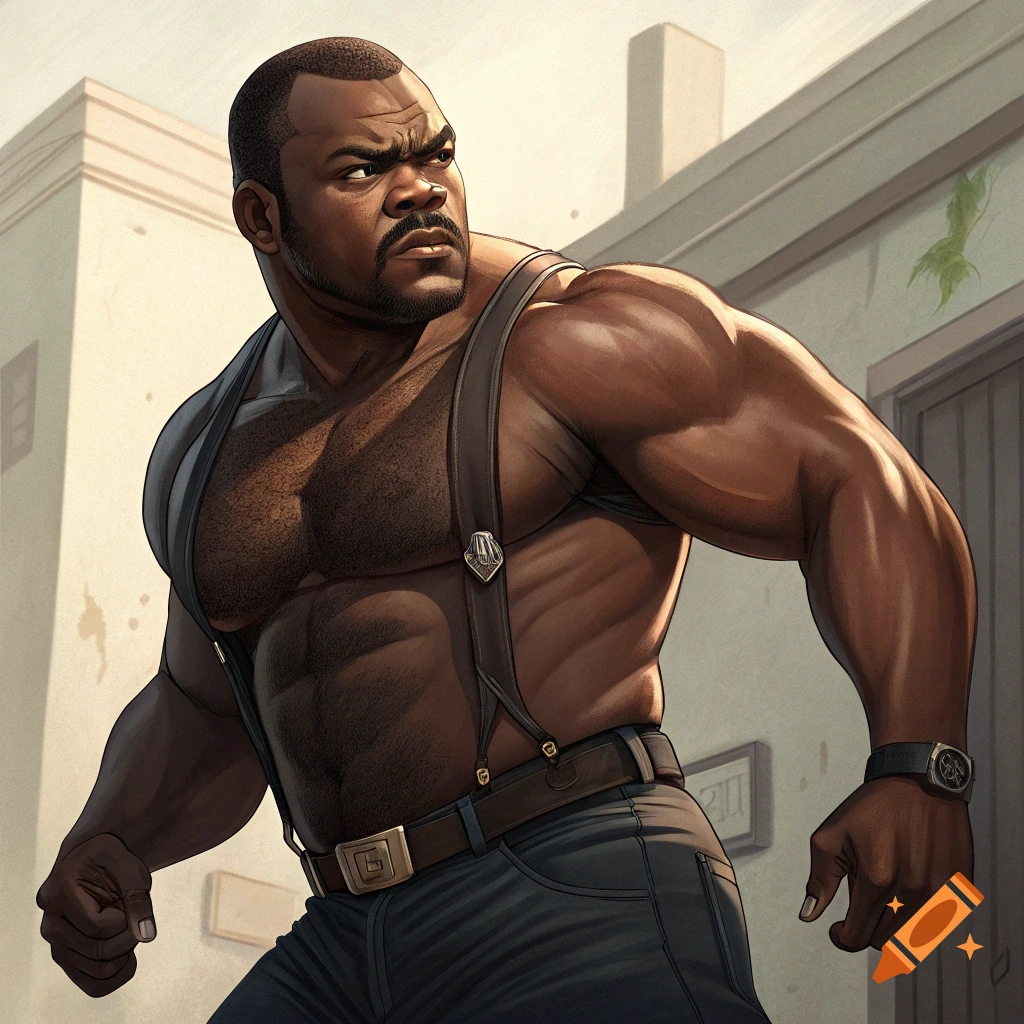 A muscular man in suspenders stands outdoors looking intently to the side.