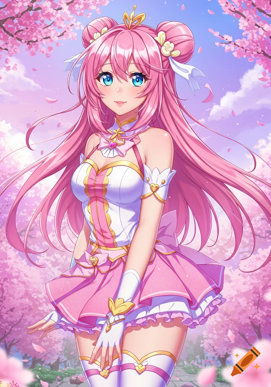 Pink-haired anime girl in a magical outfit under cherry blossoms