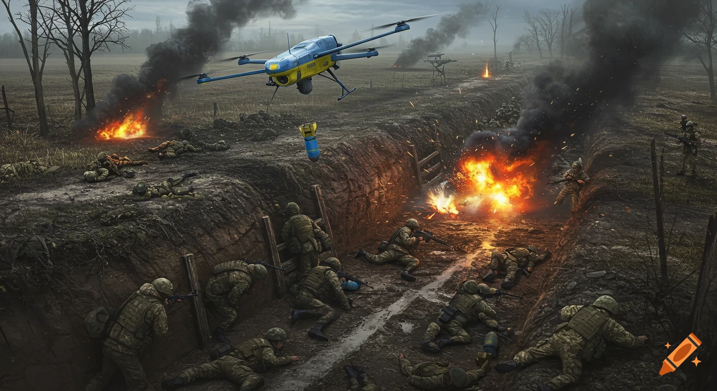 Drone dropping a bomb on soldiers in trenches during battle with explosions and smoke.