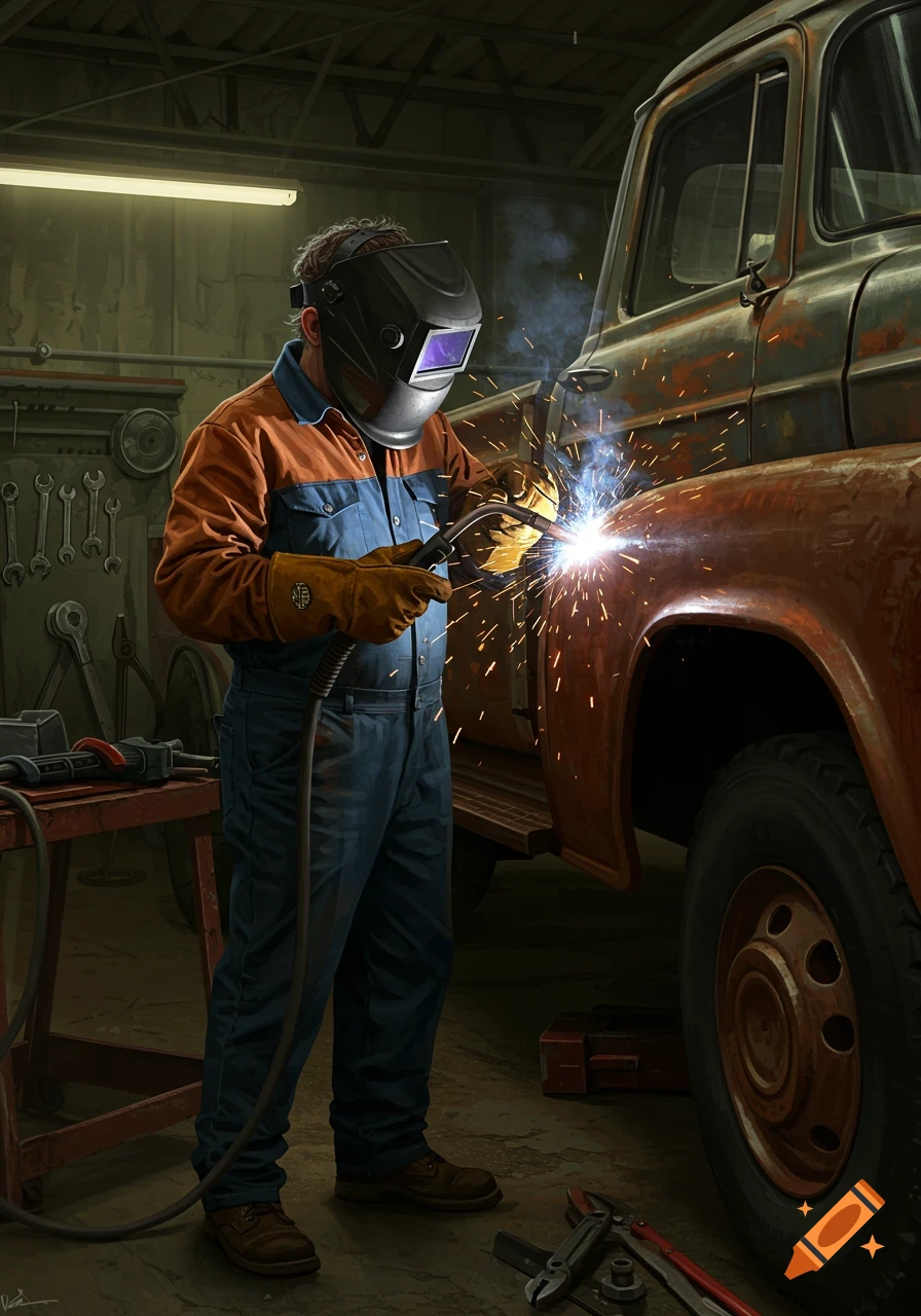 A welder in protective gear works on a rusty truck in a workshop.