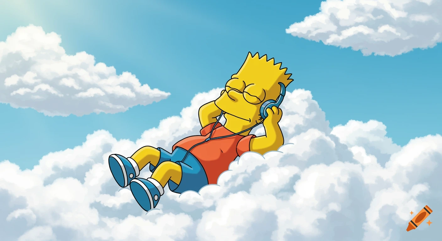 Bart Simpson lies on clouds, eyes closed, wearing headphones and listening to music in a cartoon style.