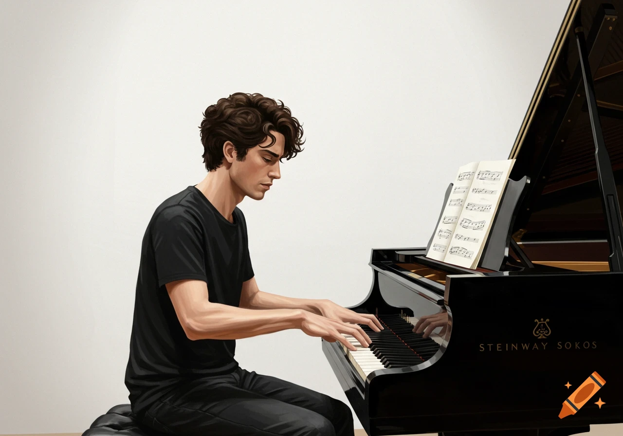 Man playing a black grand piano with sheet music