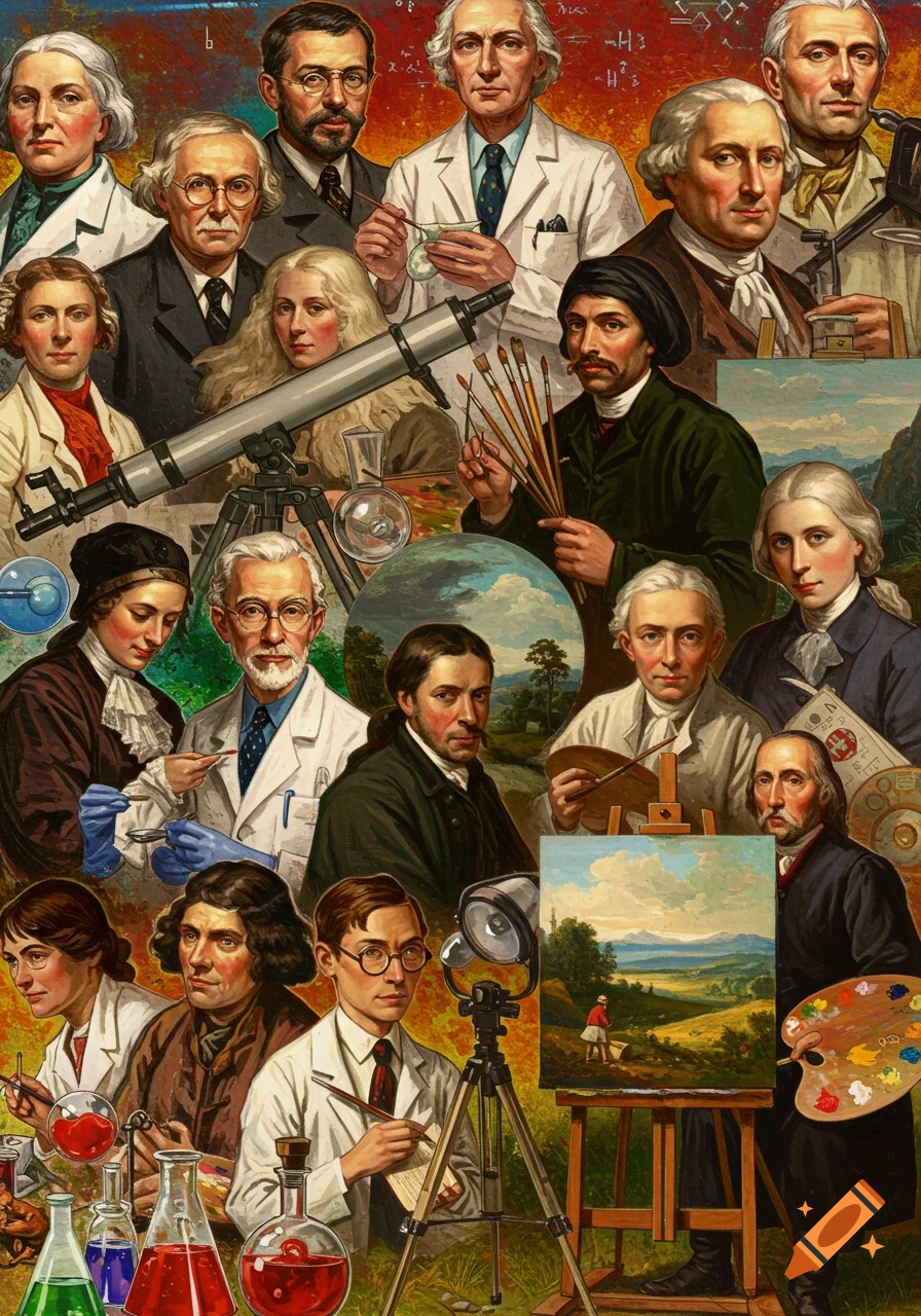 Collage of historical scientists and painters with instruments and art supplies, in a painted style.