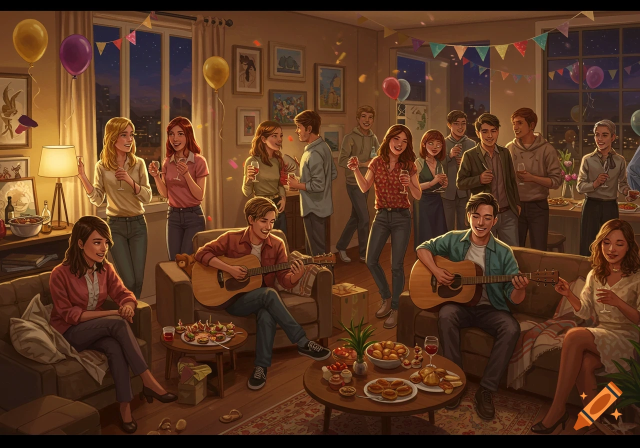 Illustration of a housewarming party with people mingling, playing guitar, and enjoying snacks in a living room.