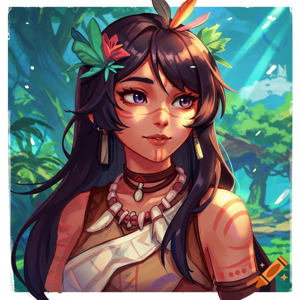 Portrait of a young woman in tribal attire with face paint and feathers, jungle background.