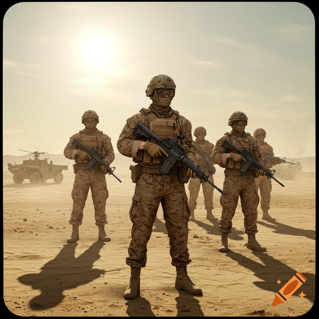 A group of soldiers in camouflage and gear stand with rifles in a sunny desert landscape, military vehicles behind them.