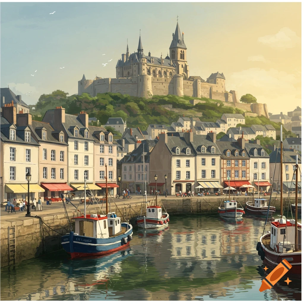 Illustrative painting of a harbor town with boats in the water and a large castle on a hill