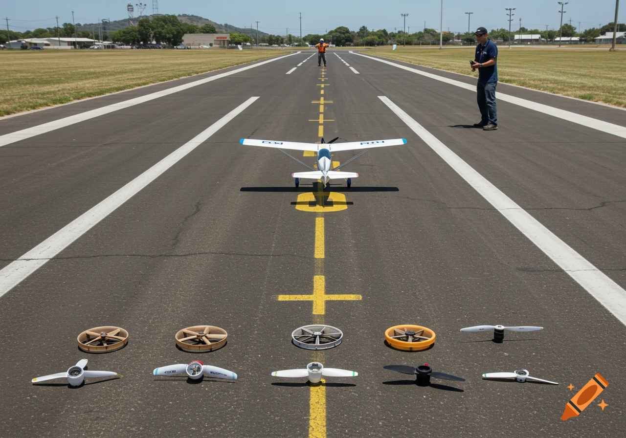 An RC plane sits on a runway with various propellers in the foreground and people in the background.