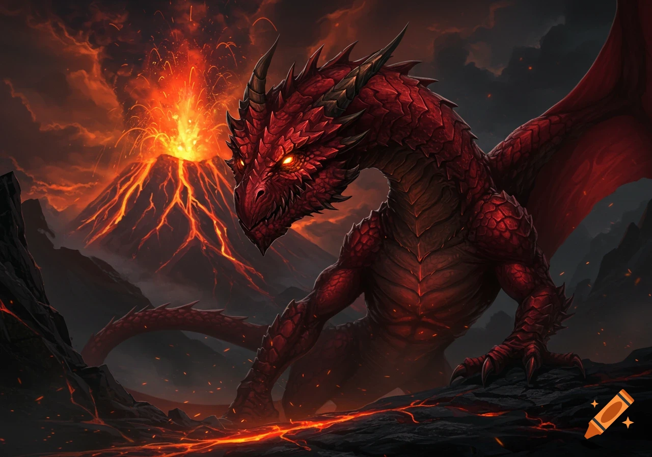Red dragon with glowing eyes stands near an erupting volcano in dark concept art style.