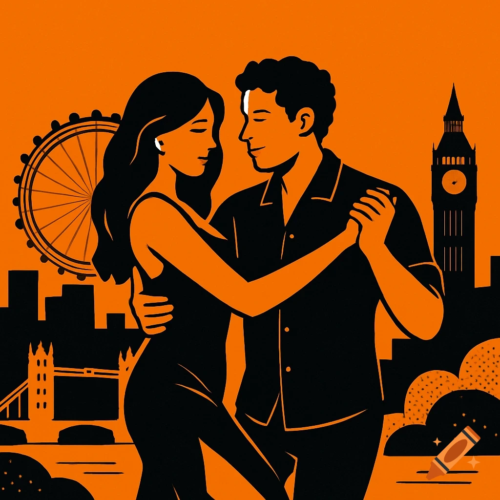 Silhouette illustration of a couple dancing in front of the London skyline against an orange background.