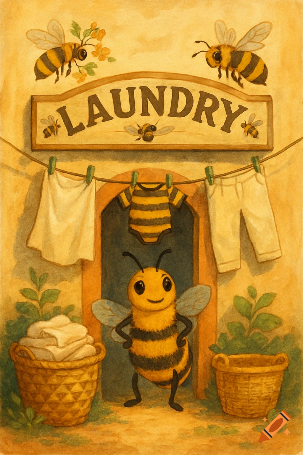 Cartoon bees with a laundry sign, clothes on a line, and laundry baskets, illustrated in a warm style.