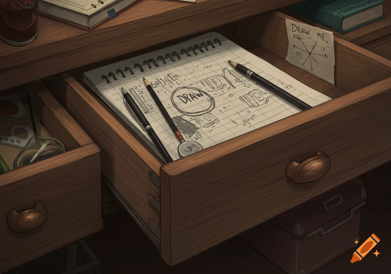 An open desk drawer contains a sketchpad with drawings and text, pens, and a sticky note.