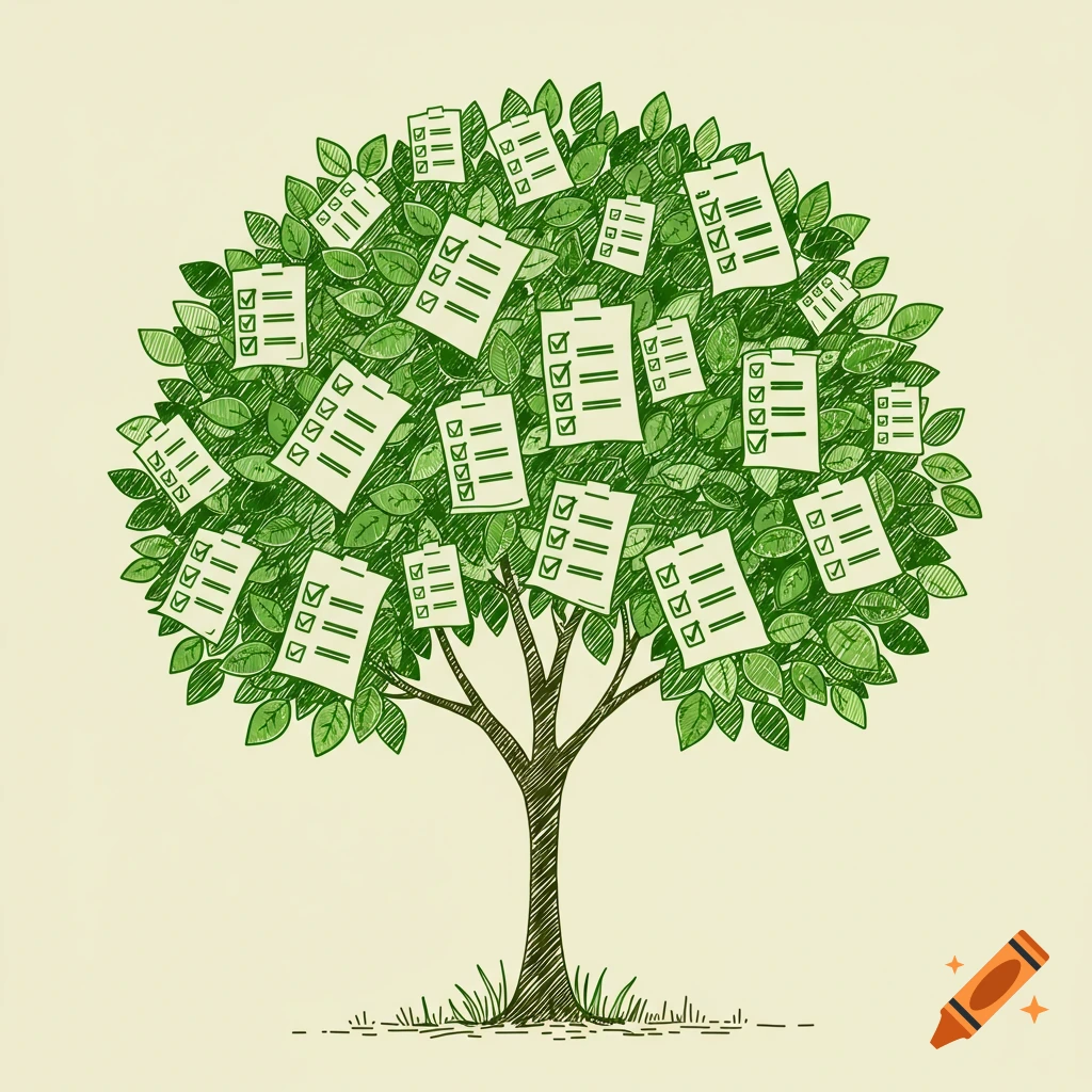 Line art drawing of a tree with leaves shaped like checklists.