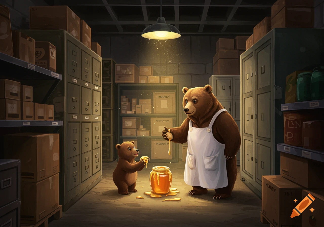 Cartoon illustration of two bears, an adult in an apron and a smaller one, near a jar of spilled honey in a warehouse.