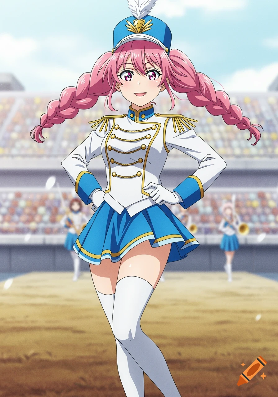 Anime girl with pink braids in a marching band uniform on a field in a stadium.