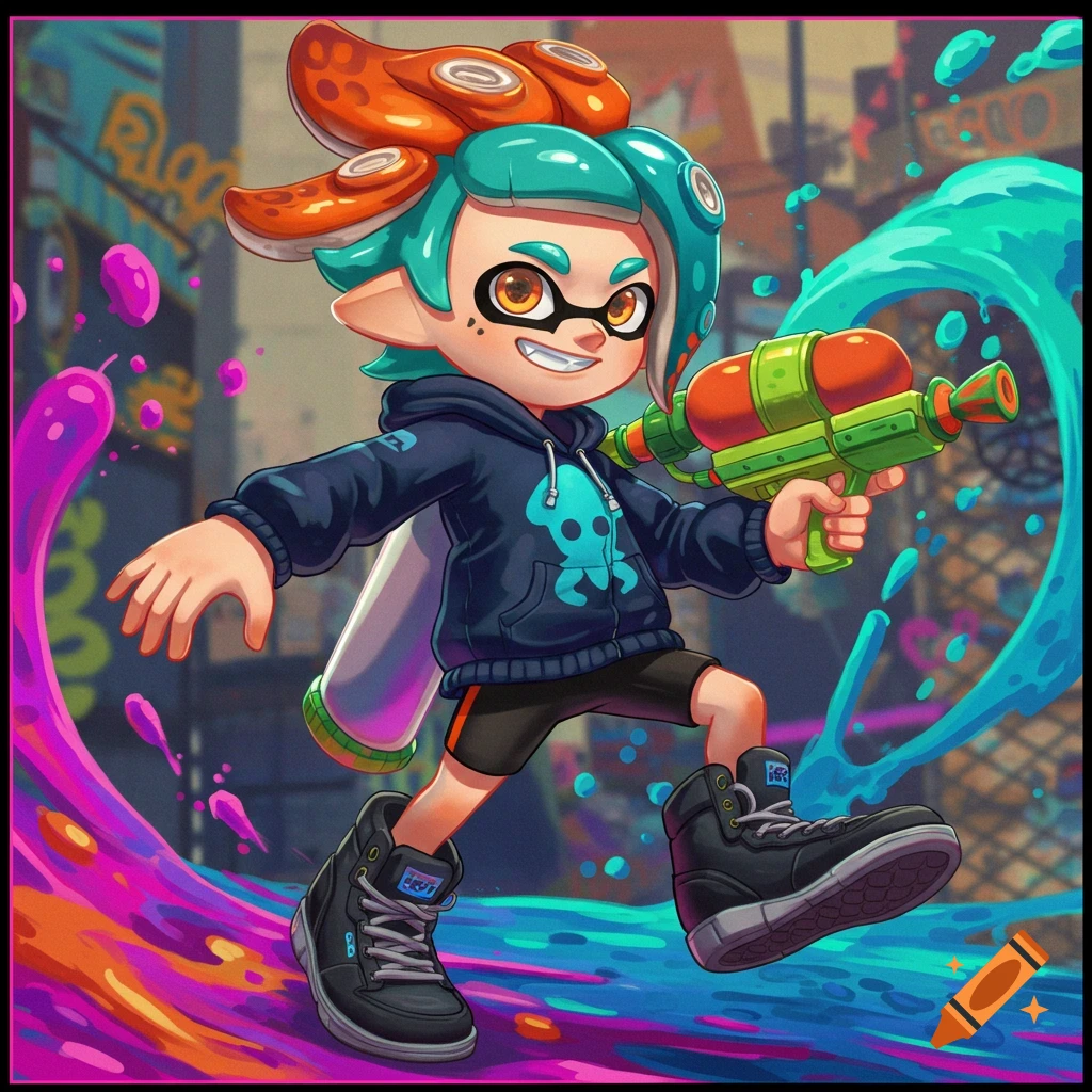 Cartoon boy hybrid character holding a water gun, splashing colorful ink in an urban setting.