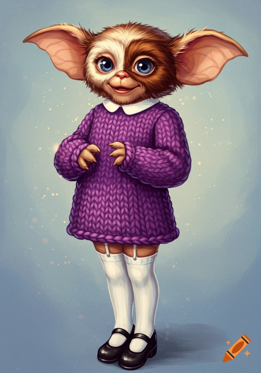 Cartoon Gremlin in purple dress and white stockings