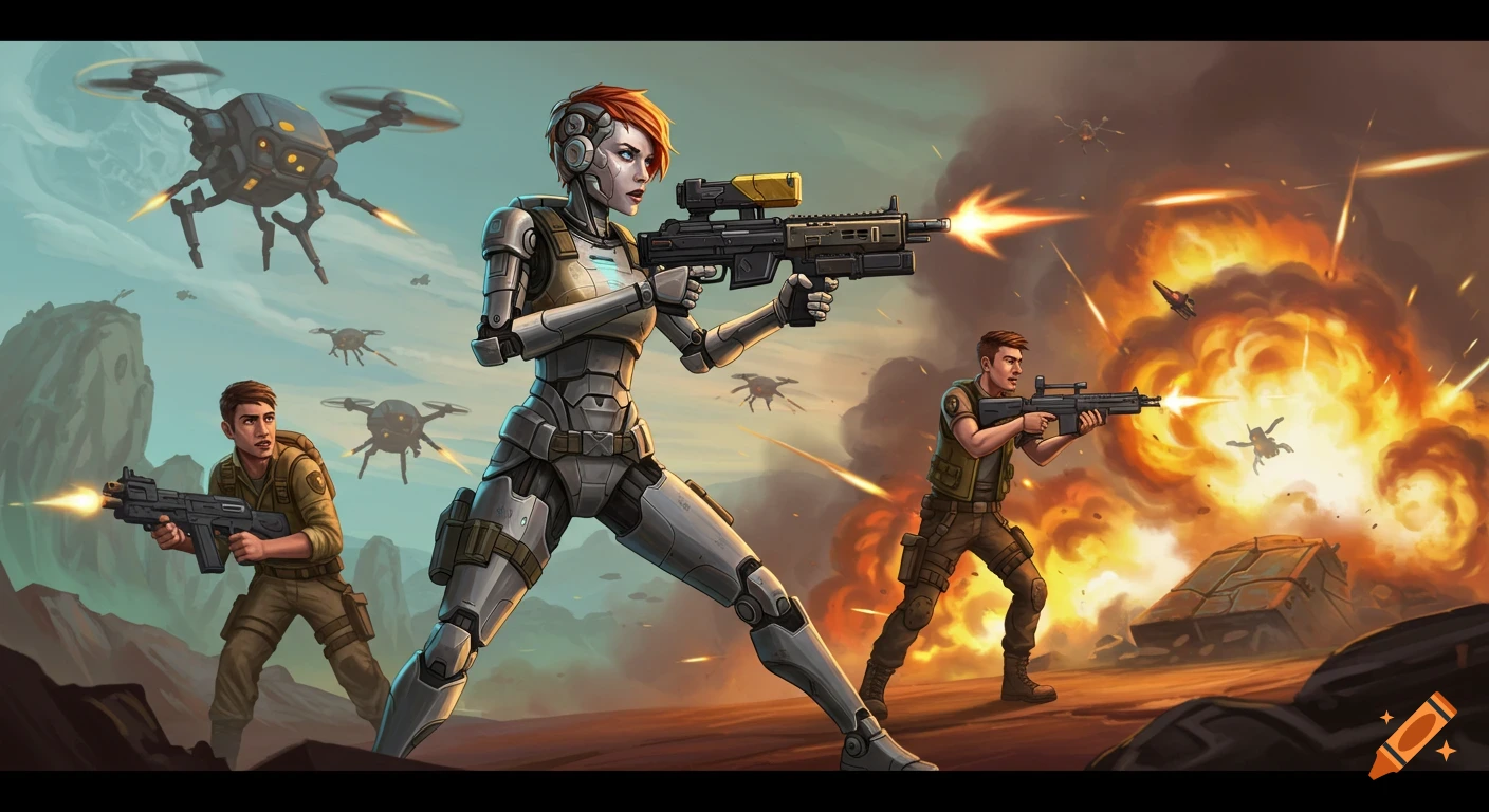 Female robot and human survivors shoot at drones and explosions in a futuristic landscape illustration.