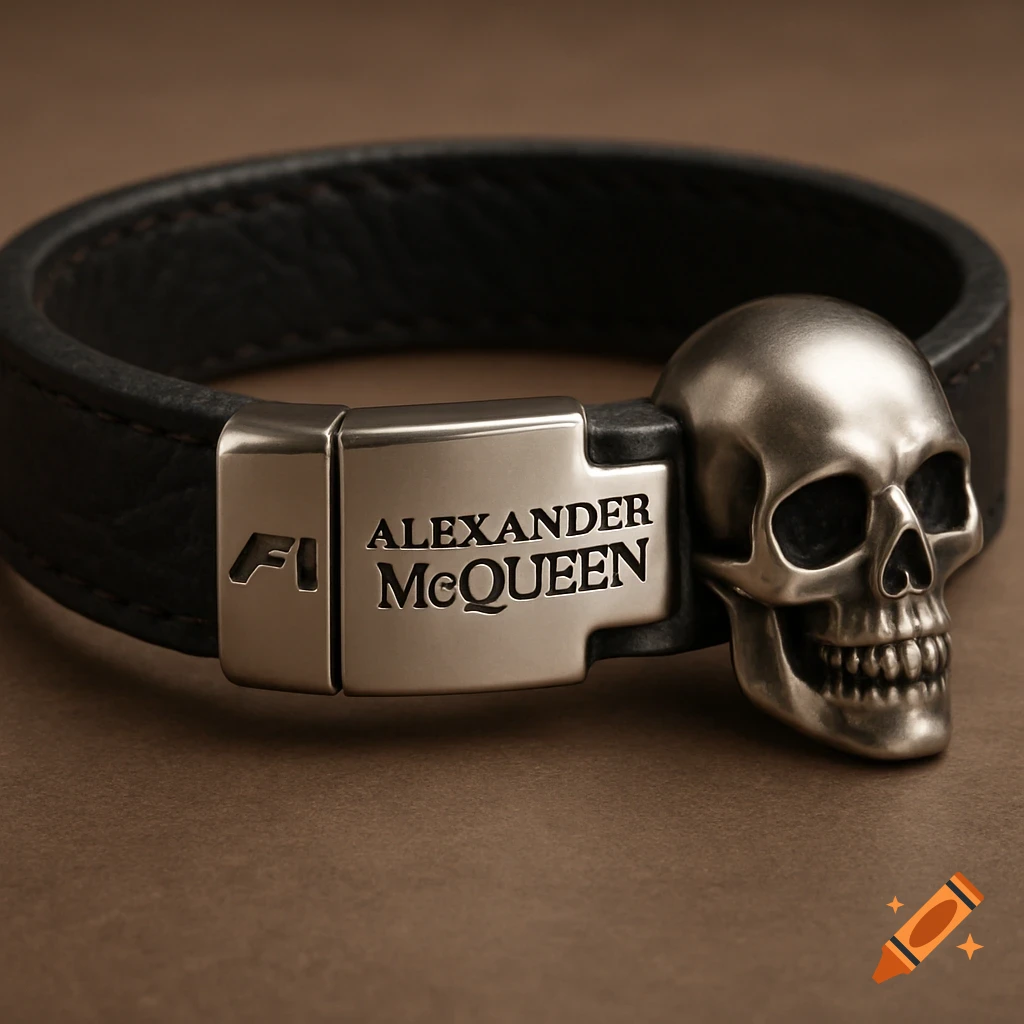 A black leather bracelet with a silver clasp featuring the F1 logo and Alexander McQueen text, with a silver skull charm.