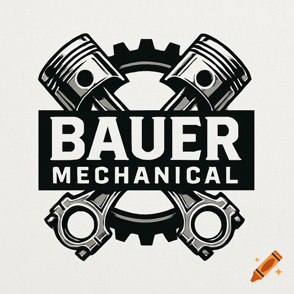 Black and white graphic logo with crossed pistons, a gear, and the text BAUER MECHANICAL.