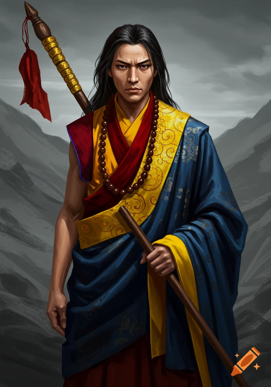 Illustration of a dark-haired monk in blue and yellow robes holding a staff against a gray background.